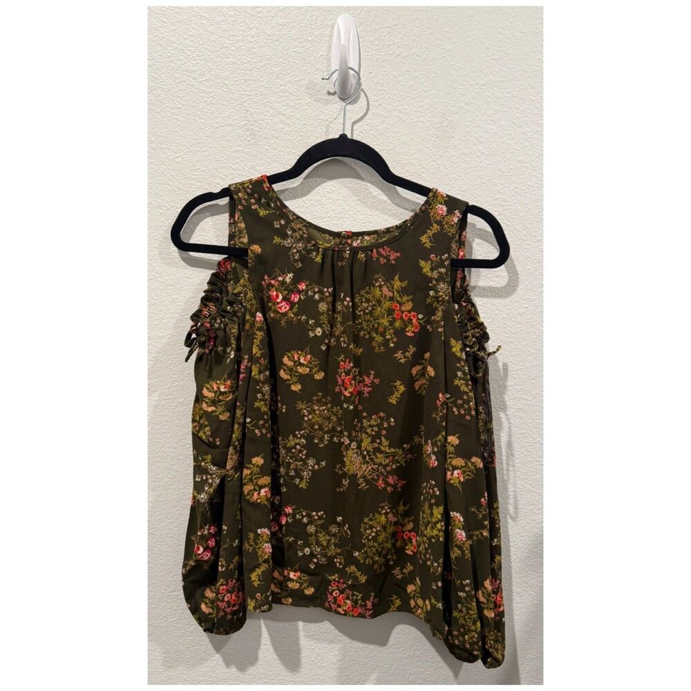 LC LAUREN CONRAD Cold Shoulder Floral Button Back Green Blouse